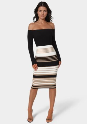 107654_black-tan_1_b4cf4b67-8efb-4b03-a321-a41a97bf153e Off Shoulder Stripe Dress