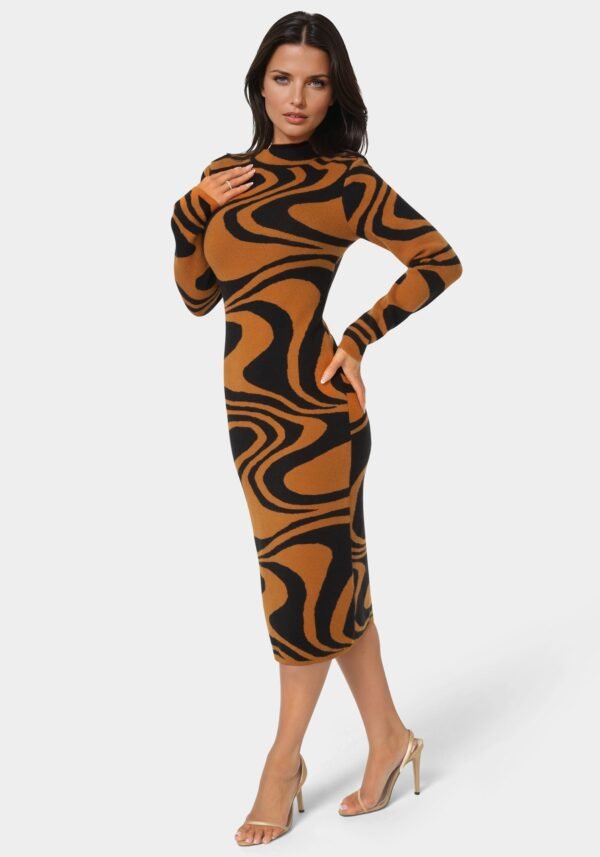 bebe1602_brown-black_2_e5d0f4e4-71f8-4938-991b-4bae33cbe971 Jacquard Funnel Midi Sweater Dress