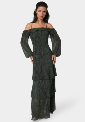 bebe2150_evergreen_1_38f9911a-e0d9-4041-8f56-838cecfc785d Long Sleeve Off the Shoulder Tiered Maxi Dress