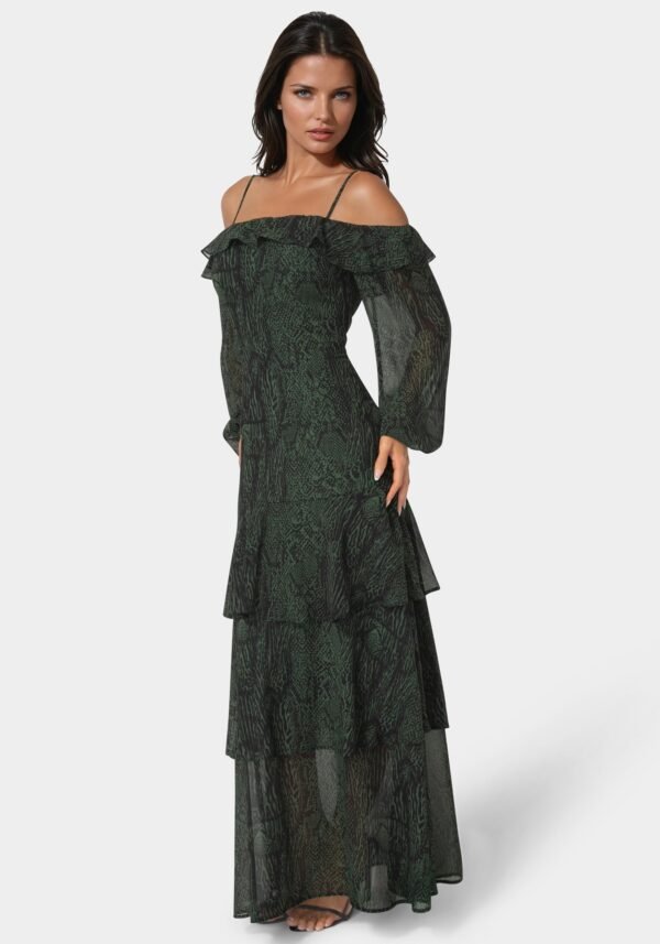 bebe2150_evergreen_2_b735aea4-fc22-42a3-9b28-f41f4d6513f7 Long Sleeve Off the Shoulder Tiered Maxi Dress