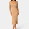bebe2162_camel_1_c577977e-bda1-4bdc-8b3e-20de68d87b69 Long Sleeve Scoop Neck Sweater Midi Dress