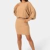 bebe2164_camel_1_f7a65a17-da2b-4467-a005-21cafb7ea5de Scoop Neck Blouson Sweater Midi Dress