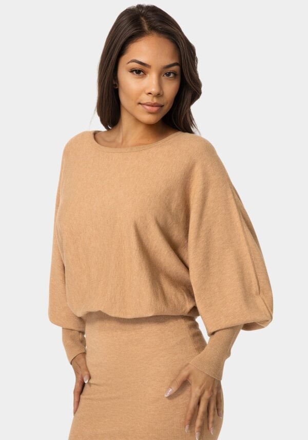 bebe2164_camel_4_59e62303-1148-4d49-bd8b-b3c0064701dd Scoop Neck Blouson Sweater Midi Dress