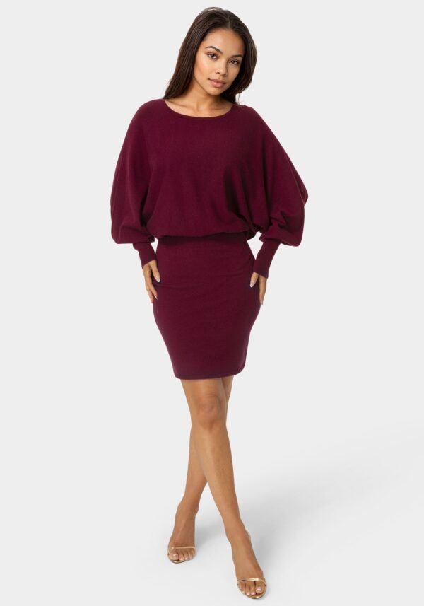 bebe2164_wine_1_23f66d34-aab2-41f2-8703-8a158e89e563 Scoop Neck Blouson Sweater Midi Dress