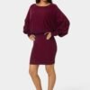bebe2164_wine_2_5db2bd9a-ab24-4b31-a4ce-c4cfe1b241c5 Scoop Neck Blouson Sweater Midi Dress